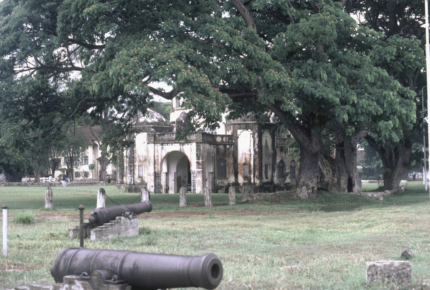 Partial view of museum, with cannons in foreground