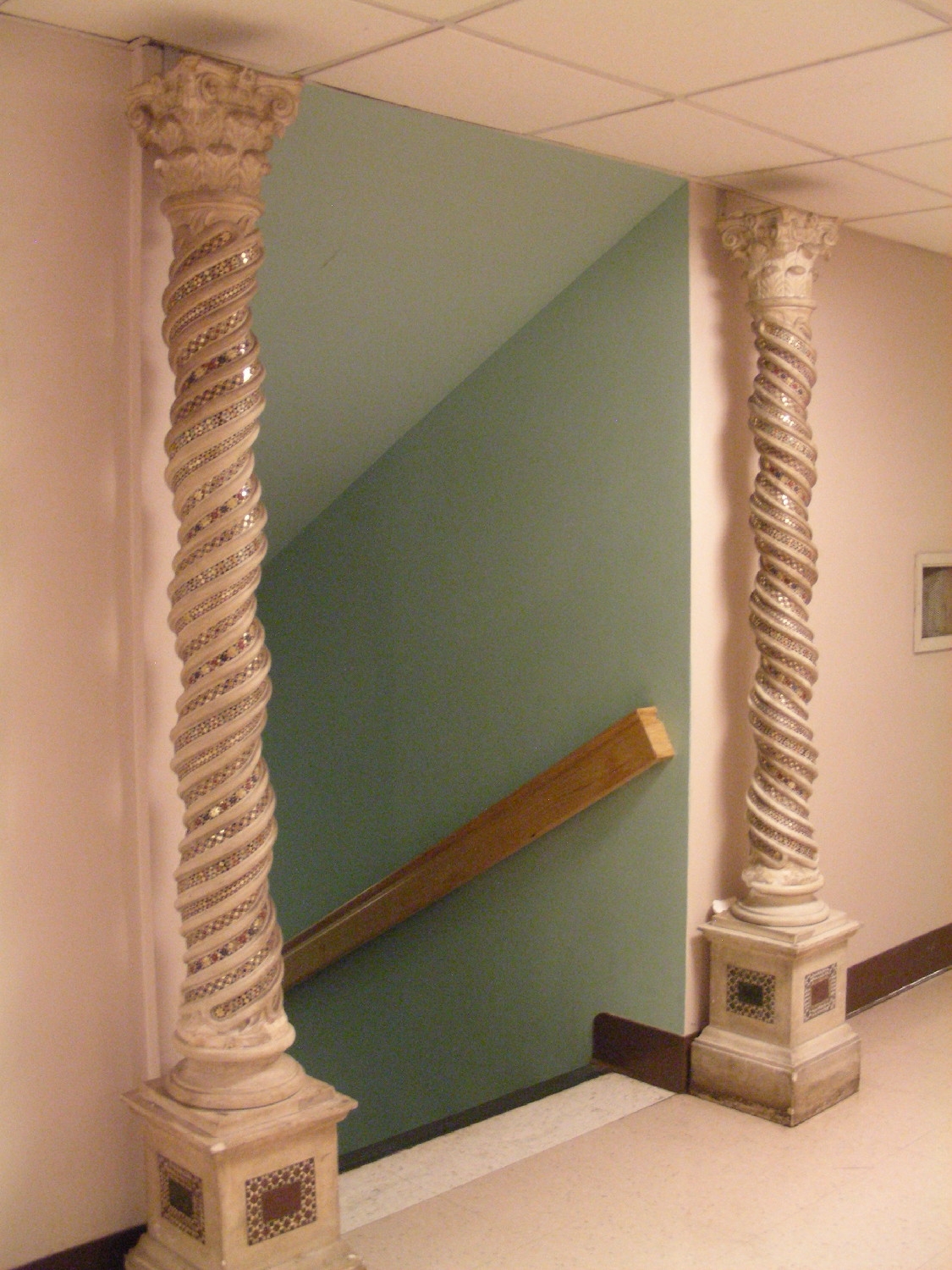 View of the two Byzantine-style pillars at the entrance to the staircase leading to the prayer room