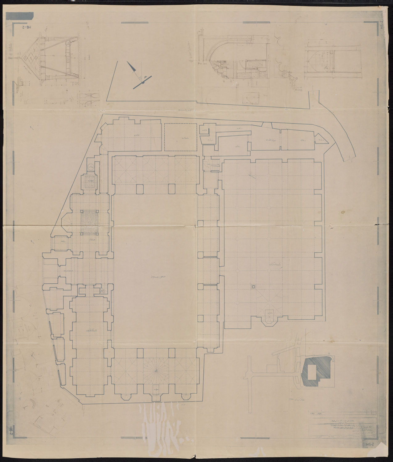 Plan of mosque with elevations of facade facing street drawn in pencil.