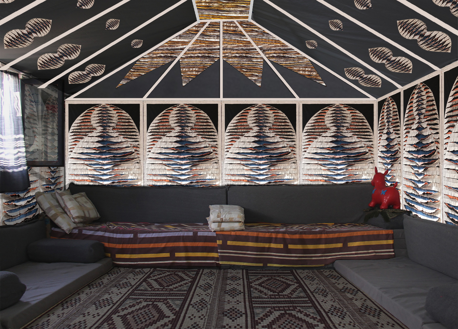 <p> Photomontage of an interior application in a refugee shelter.</p>