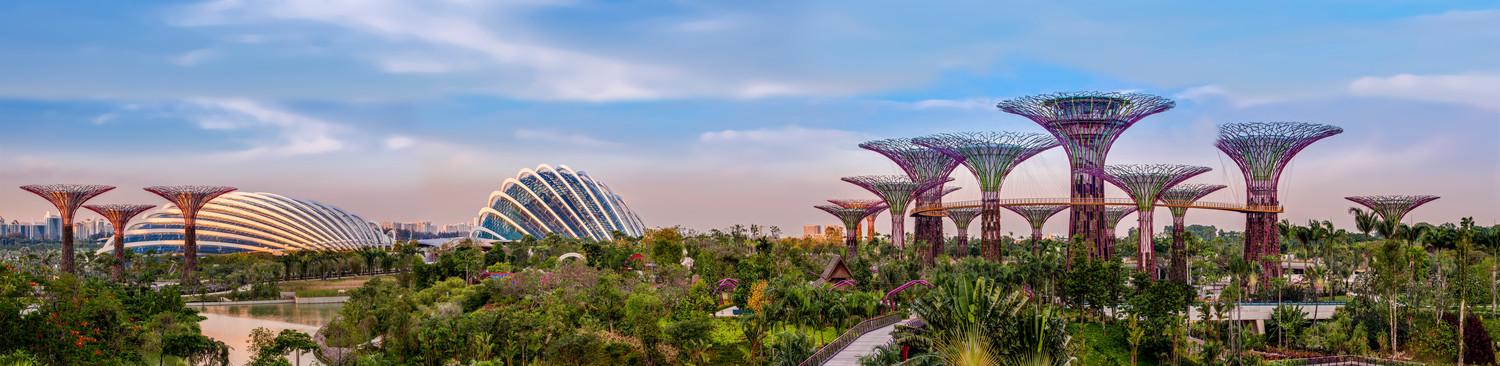 Panoramic view of Gardens by the bay, bay south across dragonfly lake