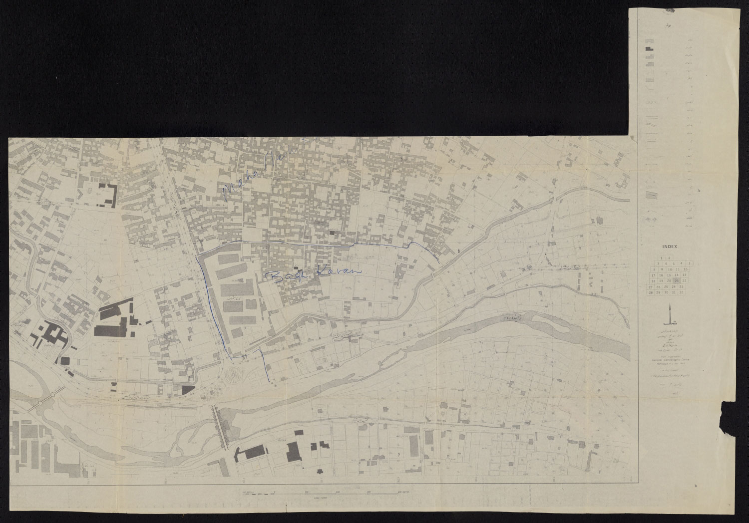 Bagh-i Karan neighborhood, southeast of Maydan-i Imam along Zayanda River. From a multi-sheet map of Isfahan at scale of 1:2500 published by the National Cartographic Centre of Iran [Sazmān-i Naqsha-Bardārī-i Kishwar] in 1963 [1342 SH].