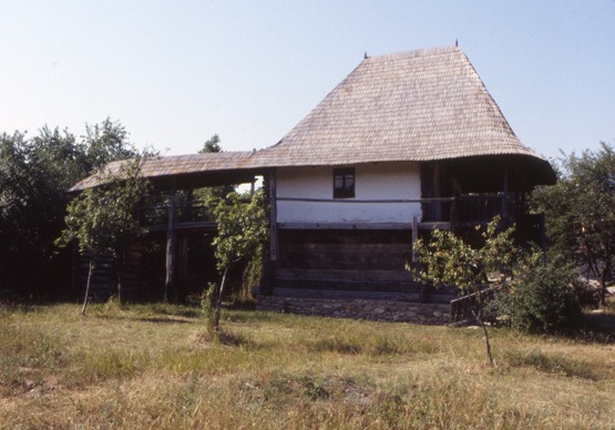 <p>This house with bridge and connected toilet space was constructed in the 19th century in the village of Cărbuneşti Sat. The simple interlocking timber plank construction of the ground level supports family living space above that appears to be contructed using interlocking log construction that has been plastered over to provide better resistance to the harsh winter weather. The elevated walkway, entered from the privdor/cerdac, leads to a remote toilet space.</p>