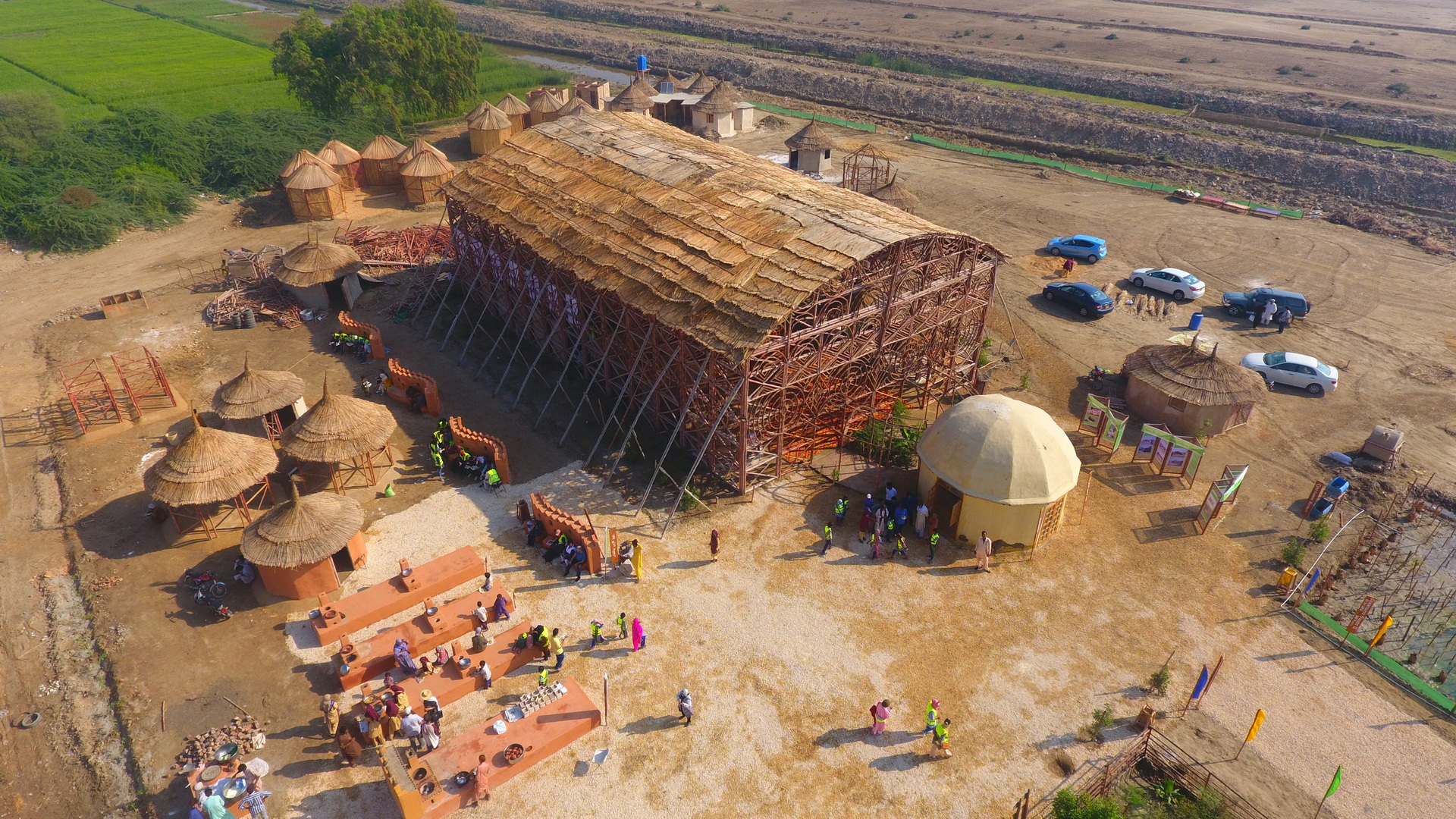 <p>Aerial view of a bamboo pavilion, drone view of ZC3 Campus.</p>