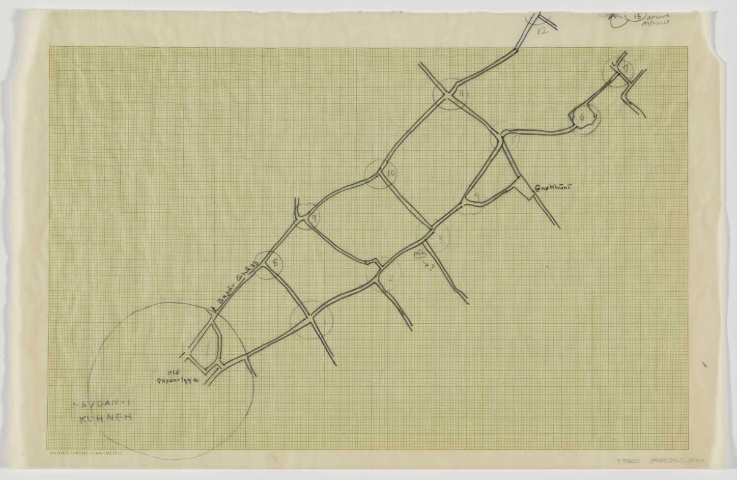 Pencil sketch of nodes in Jubara Quarter of Isfahan, showing node numbers and locations, and main streets.