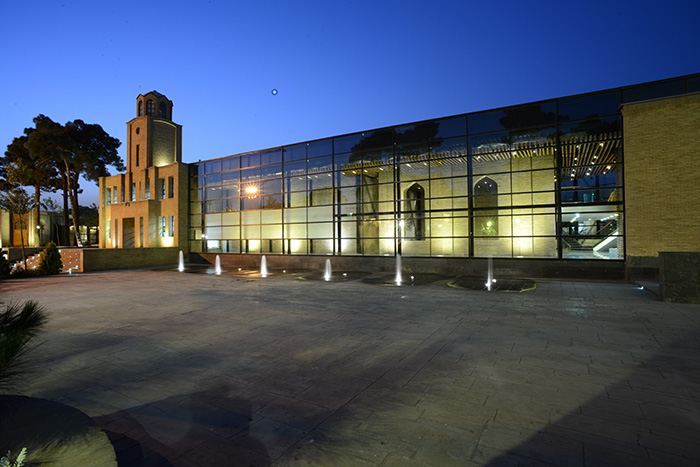 Main entrance facade, night view