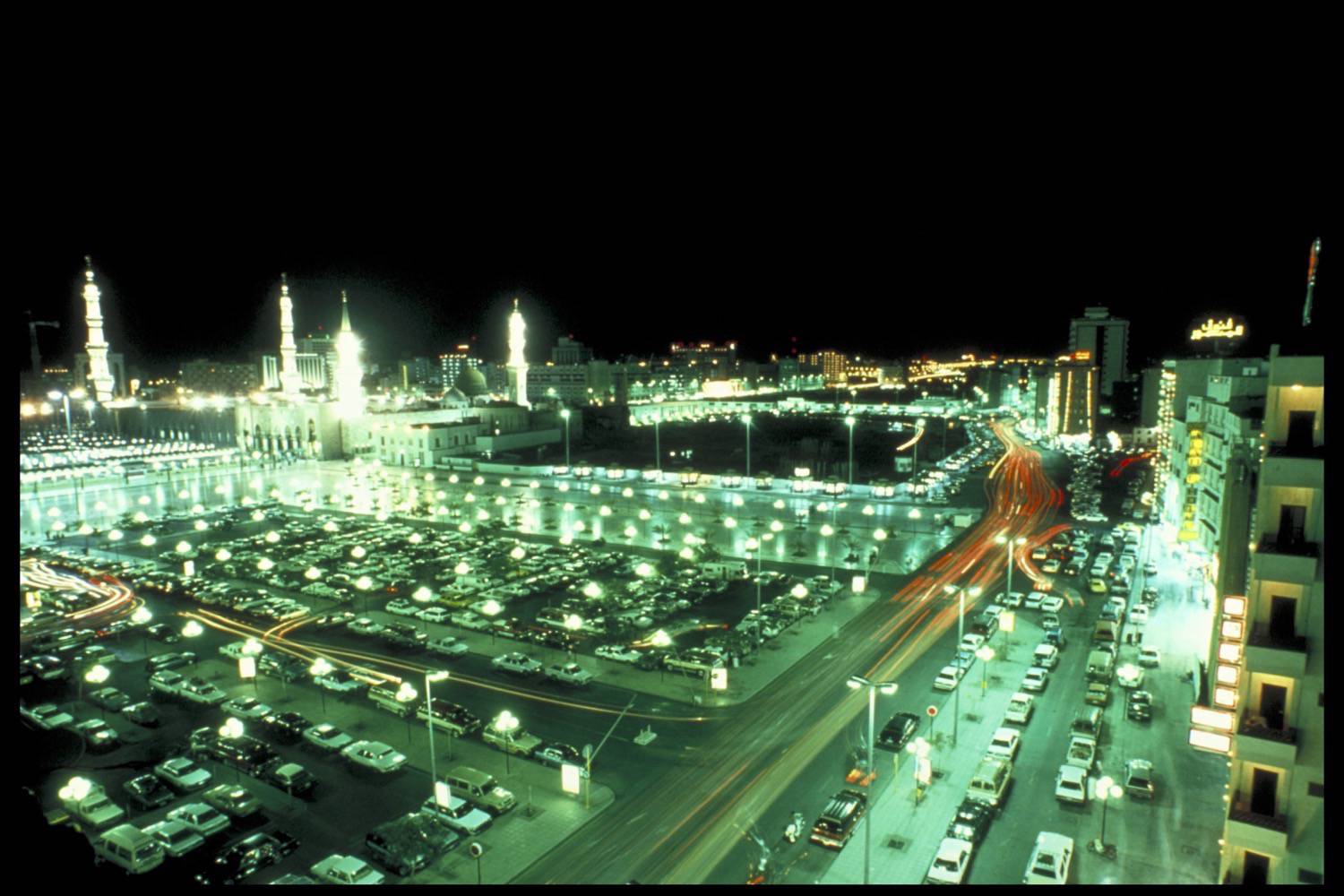 View of the city at night, the mosque at the right