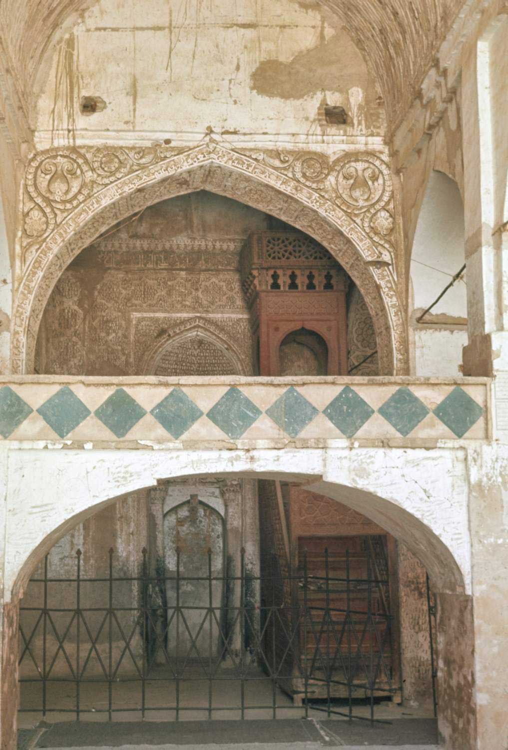 Interior view from the prayer hall with minbar and qibla wall