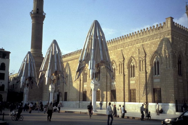 Exterior view of mosque with canopies opening