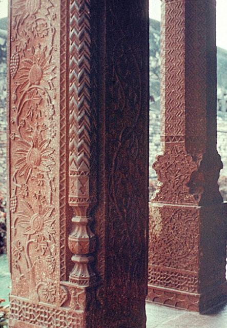 Detail of ornamentation in carved sandstone on the veranda
