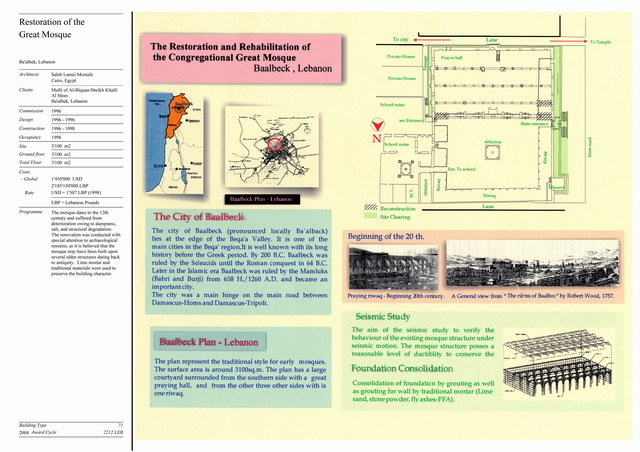Presentation panel with project description, location map, restoration floor plan, seismic study, and photographs