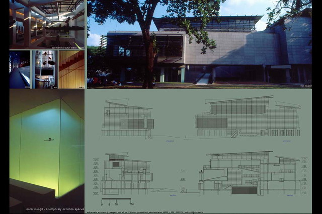 Presentation panel with section and elevation drawings and exterior and interior views