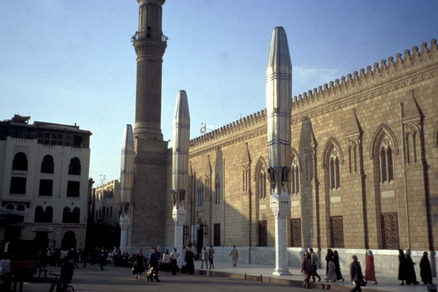 Exterior view of mosque with closed canopies