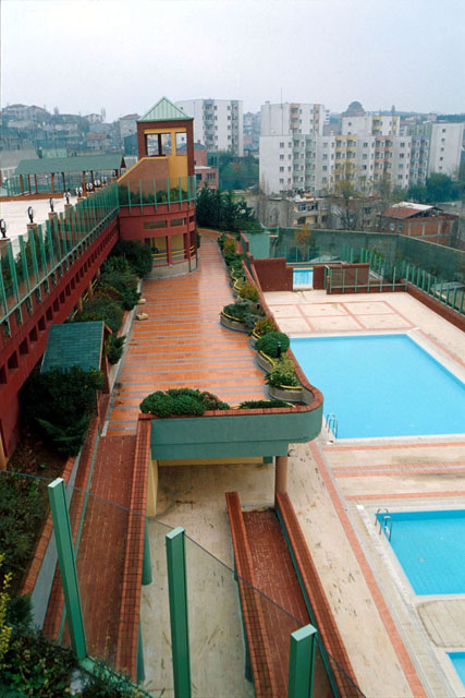 View from roof showing pools and promenade