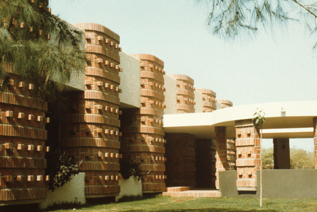 Exterior view showing articulated brickwork