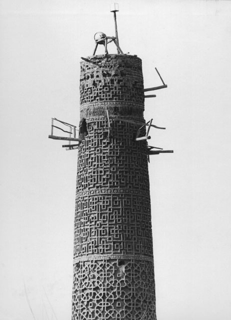Detail view of the top section of the minaret after restoration