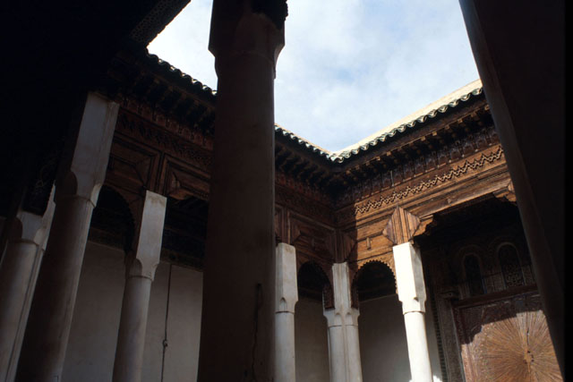 Interior view of courtyard showing elaborate woodwork