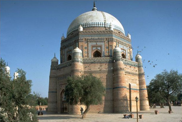 Shah Rukn-i-'Alam Tomb Restoration - Exterior view. The 14th century tomb is circular in plan with eigth rounded butresses which rise into domed pinnacles