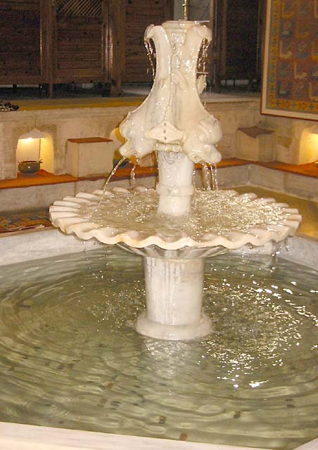 Fountain and pool and marble seats with niches in the men's dressing room