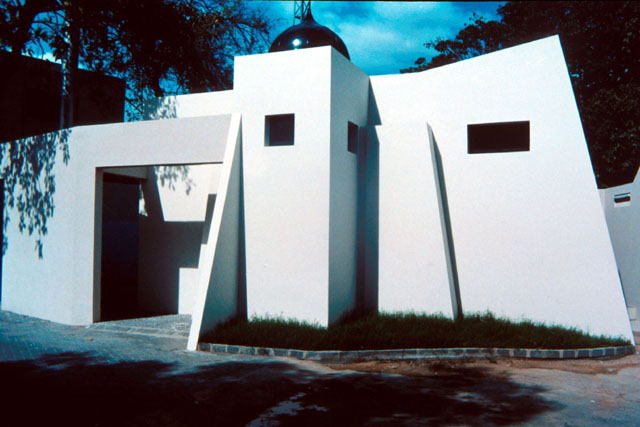 Exterior view showing abstracted geometric façade