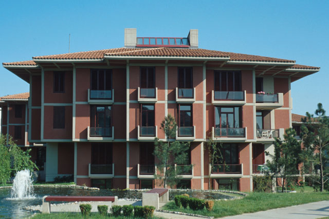 Exterior view showing fountains and balconies