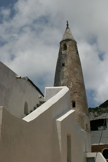 Exterior view of mosque and minaret facing north