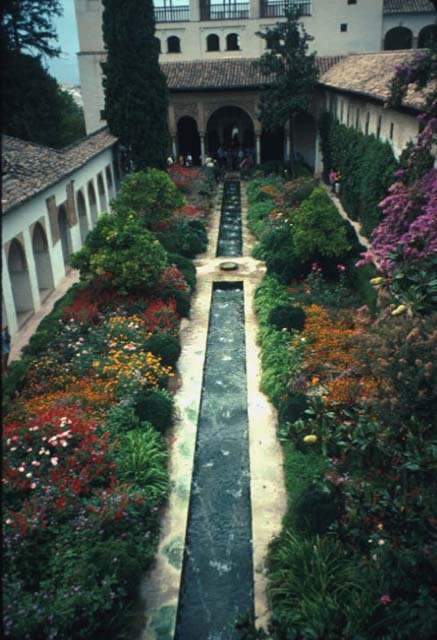 Acequía Court with central water channel and  north pavilion