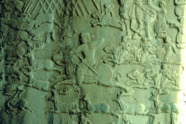 Equestrian Group: Detail view of the right relief panel depicting royal stag hunting
