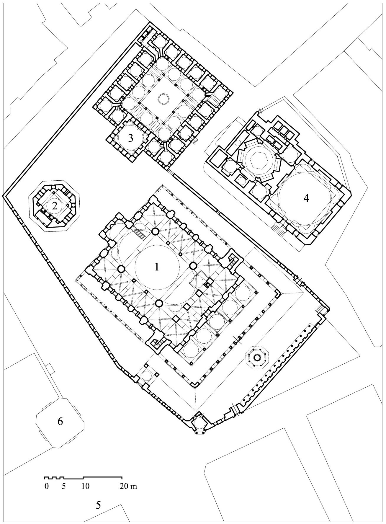 Kılıç Ali Paşa Külliyesi - Floor plan of complex showing (1) mosque, (2) mausoleum, (3) madrasa, (4) bathhouse, (5) cannon foundry, (6) public fountain (1732)