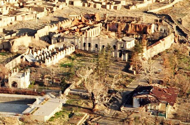 Elevated view from northwest, showing extent of damage to Queen's Palace (center, back) as a result of fighting in 1992/3