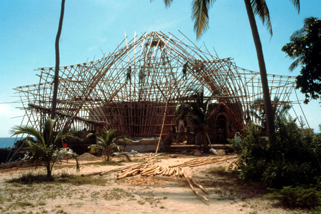 Chumbe Island Coral Park - Visitor's Center under construction; kasuarinia tree poles and mangrove beams