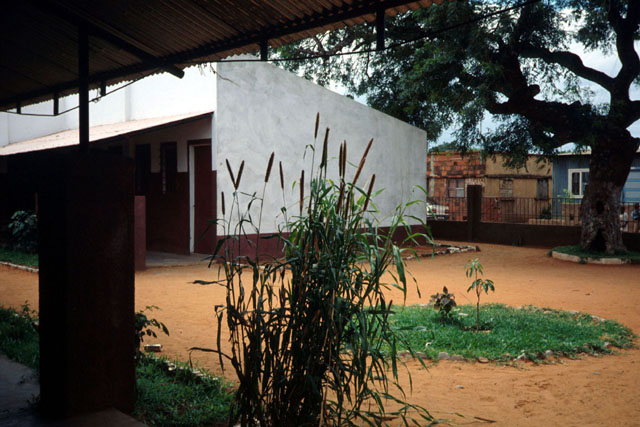 Exterior view showing plantings between buildings