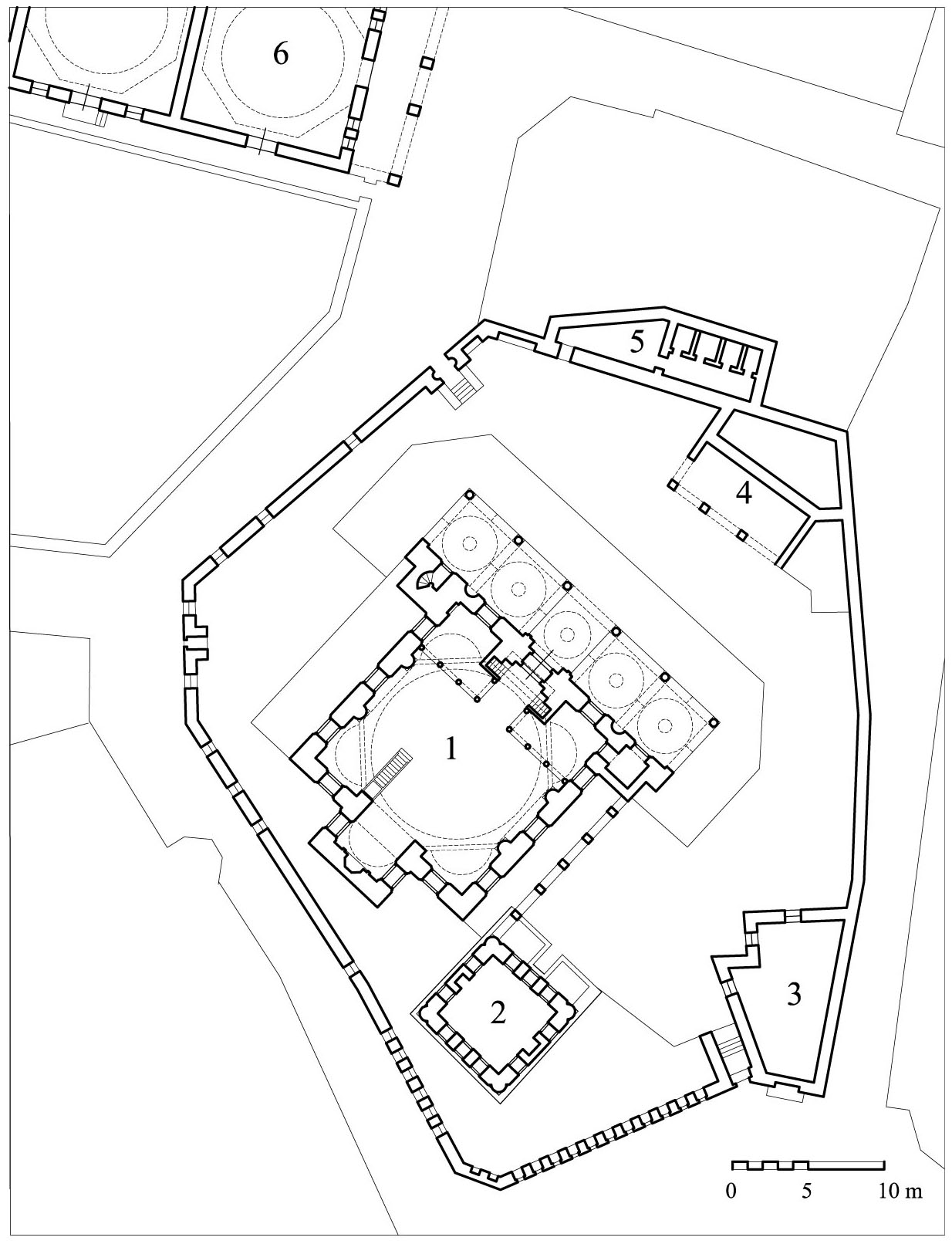 Floor plan of complex showing (1) mosque, (2) mausoleum, (3) site of the convent shaykh's house with street fountain next to precinct gate, (4) ablution fountains, (5) latrines, (6) double bath