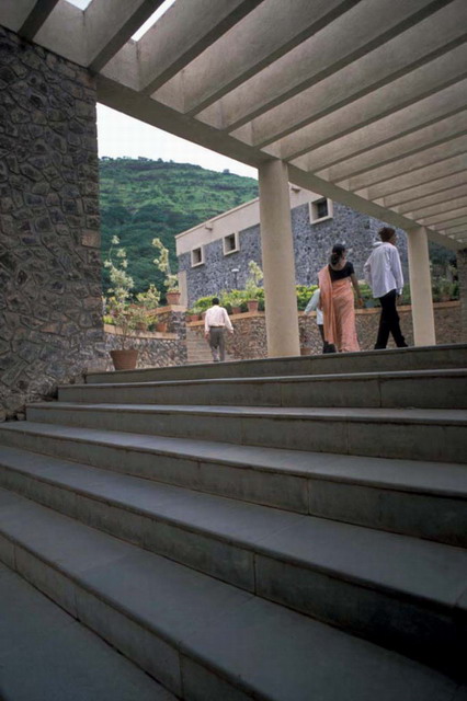 Steps to courtyard with the hill in the background