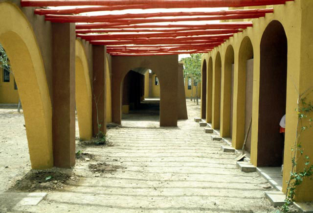 View along semi-covered corridor