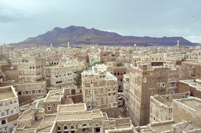 Aerial view over Old Sana'a from the school roof terrace