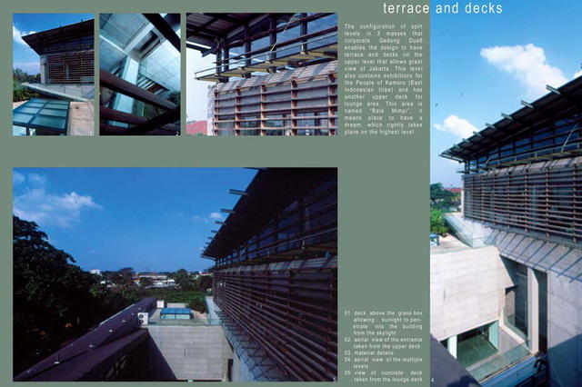 Presentation panel with images of terrace and decks, wooden louvers