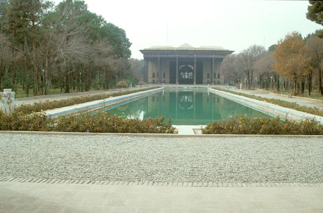 Distant view from east showing east facade, pool, and talar porch.