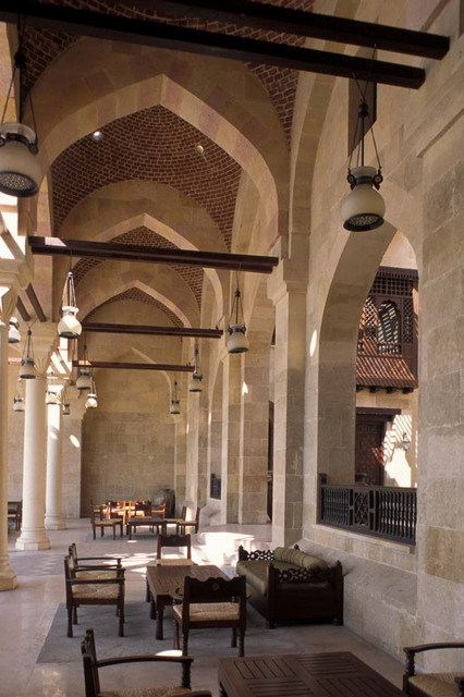 Interior view of portico (<i>takhtaboush</i>), looking west with inner court seen through archway on the right