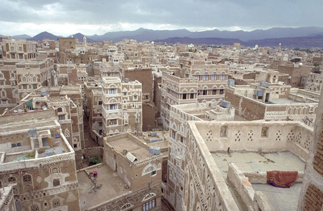 Aerial view over Old Sana'a from the school roof terrace