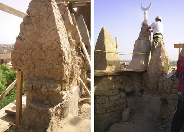 (L) The exposed parapet after cement removal; (R) Northeast corner of the mosque