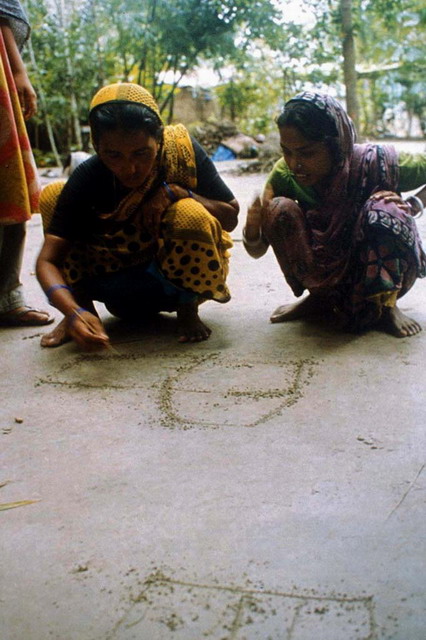 Participatory Action Research Project - Women drawing of a housing map on the floor