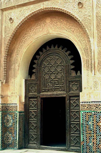 Ben Youssef Madrasa - Carved wooden door, courtyard