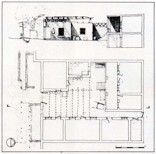 Plan and section of a typical house in Turfan