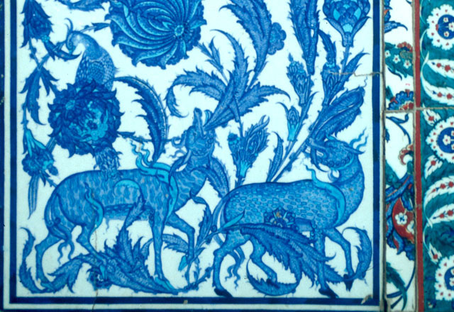 Detail from a 16th century tile panel on the entry façade of the Circumcision Kiosk, showing mythological Chinese ch'ilin and pheasants in the Magic Forest rendered in saz style