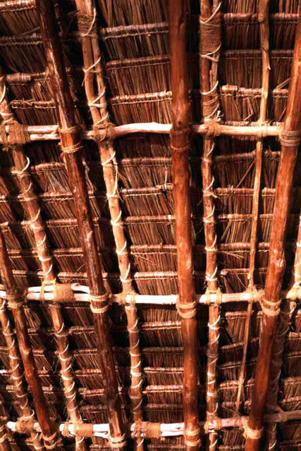 Chumbe Island Coral Park - Detail, wood lattice and coconut leaf shingle structure of the roof