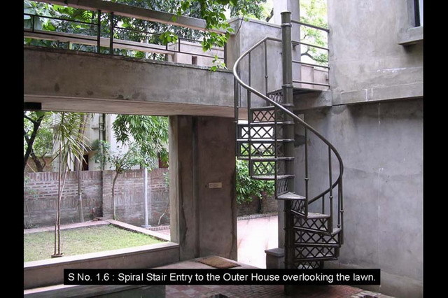 Spiral stair entry to the outer house overlooking the lawn