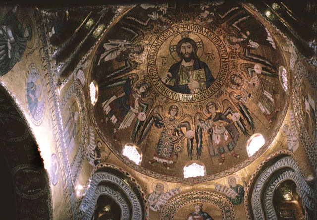 View looking up at chapel dome with mosaic: Christ the Pantocrator surrounded by angels and archangels