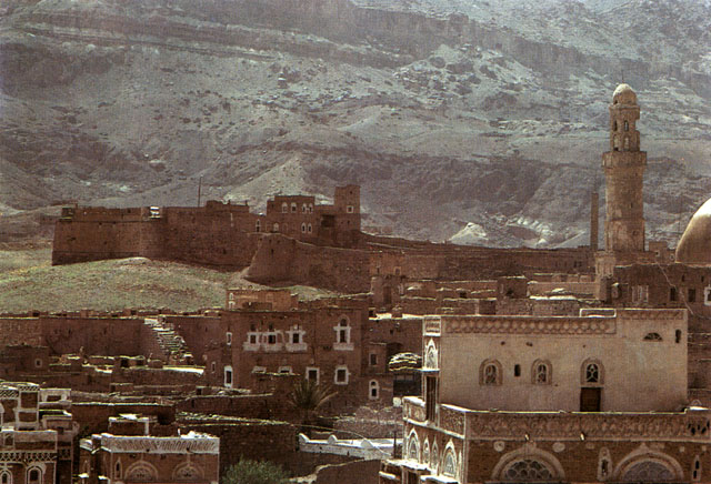 The citadel as seen from the city. On the left, the fort containing two nobah (ancient circular tower) sits on the highest knoll overlooking the town
