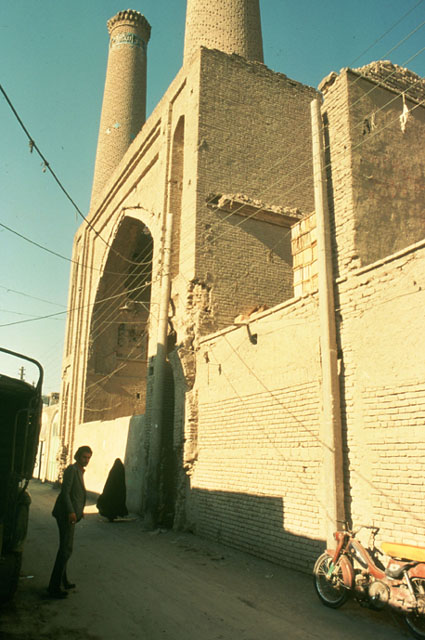 Exterior view of portal topped with twin minarets